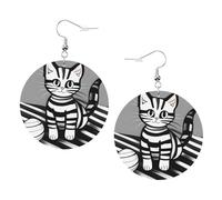 Play Ball Kitty Boucles d'oreilles rondes en cuir PVC imprimé double face avec crochets plaqués argent 925, taille unique, argent sterling, pierre dorée, One Size, Argent sterling, goldstone