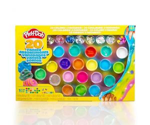 Play-Doh Mix & Play Assortiment de variétés ? 20 pots refermables composés avec nuage, beurre et textures super extensibles avec paillettes, perles et pompons ? Jeu sensoriel et créatif pour enfants à