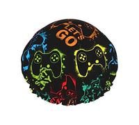 Play Game Start Pattern Bonnet de douche et bonnet de bain pour femme, bonnets de douche imperméables surdimensionnés réversibles grands conçus pour toutes les longueurs de cheveux, bonnet de bain é