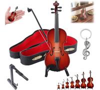 Playable Tiny Violin Figurine, Mini Musical Instrument Replica with Bow and Case, Wooden Miniature Figurines Collectible Model Display Ornament, for Home Decor & Keychain Charm (3.1in)