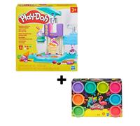 PlayDoh Mes glaces arc-en-ciel + Pack de 8 pots couleur fluo, sorbetière factice et accessoires, loisirs créatifs, dès 3 ans