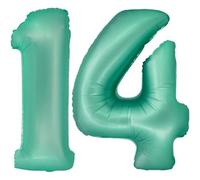 Playflip Ballon gonflable en forme de chiffre XXL multicolore, rose, bleu, lavande, or rose avec anniversaire, ballon géant, couleur : menthe, chiffre : 14