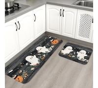 Playful Ghosts Lot de 2 tapis de cuisine décoratifs rembourrés lavables antidérapants pour cuisine, éviers, buanderie, salle de bain Noir et orange
