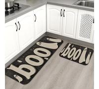 Playful Ghosts Lot de 2 tapis de cuisine doux pour sol, rembourrés, confortables, lavables et antidérapants pour cuisine, éviers, buanderie, salle de bain, noir et crème