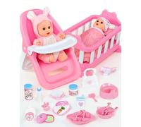 PLAYFULBAY Baby Doll Set with Accessories, 29-Piece Crib & High Chair Set, 2 Outfits, Diaper & Feeding Gear, Toddler Baby Doll Playset, Gift for Girls 3-5