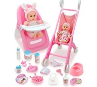 PLAYFULBAY Baby Doll Stroller Set, 28-Piece Playset with High Chair, 2 Doll Outfits & Accessories, Imaginative Role-Play Gift for Toddlers 1-5