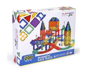Playmags Ensemble de 200 pièces avec tuiles magnétiques, Piste de Course, Comprenant 2 Voitures de Course électriques motorisées, pour Les Enfants de 3 Ans et Plus