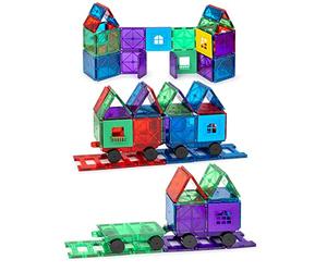 Playmags Ensemble De 50 Tuiles Magnétiques pour Enfants avec 4 Voitures - Blocs De Construction Magnétiques 3D Plus Résistants - Ensemble De Tuiles pour Enfants - Jouets STEM