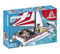Playmobil - Catamaran et dauphins - Figurine navale - Blanc et bleu