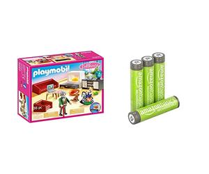 Playmobil 70207 Salon avec cheminée - Dollhouse- La Maison Traditionnelle- Dollhouse La Maison Traditionnelle & Amazon Basics Piles rechargeables AAA, pré-chargées - Lot de 4 (le visuel peut différer)