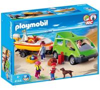 PLAYMOBIL - Voiture Familiale et bateau - 4 personnages - Remorque porte-bateau - Chien - Accessoires