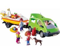 PLAYMOBIL - Voiture Familiale et bateau - 4 personnages - Remorque porte-bateau - Chien - Accessoires