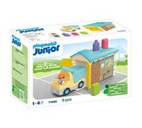 Playmobil 71686 Junior : Ouvrier avec Camion et Garage - Comprenant Une Benne basculante Mobile et Un Garage - Jouet fabriqué à partir de matière d'origine végétale - Dès 12 Mois