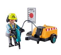 PLAYMOBIL - Obrero Action Heroes 71752 - Figurine de construction avec marteau-piqueur, compresseur et remorque - Jouet pour enfants dès 4 ans