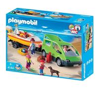 PLAYMOBIL - Voiture Familiale et bateau - 4 personnages - Remorque porte-bateau - Chien - Accessoires