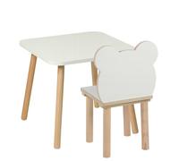 PlayPals Furniture Table pour enfants avec chaises, chaises de table en bois, 50 x 50 cm, meuble de siège en bois naturel, pour chaise haute, ours en peluche