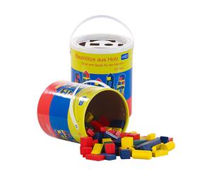 Playtastic 2 seaux de 100 blocs de construction en bois en 4 couleurs et 6 formes