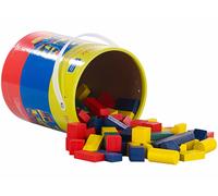 Playtastic Seau de 100 blocs de construction en bois en 4 couleurs et 6 formes