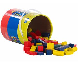 Playtastic Seau de 100 blocs de construction en bois en 4 couleurs et 6 formes