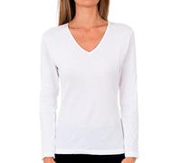 Playtex T-Shirt Femme Col V Thermique 100% Coton Manches Longues Thermal Natural x1, Blanc, M