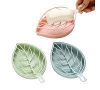 PLAYTHROUGH Lot de 3 porte-savon en silicone en forme de feuille avec plateau égouttoir (rose, vert, bleu)