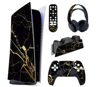 playvital Autocollant Protection pour ps5 Manette,Sticker Skin Habillages pour ps5 Digital Console & Station de Charge & Casque & Télécommande Média-Marbre Noir&Or