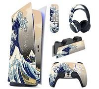 playvital Autocollant Protection pour ps5 Manette,Sticker Skin Habillages pour ps5 Digital Console & Station de Charge & Casque & Télécommande Média-Grande Vague Double Face