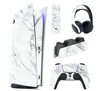 PlayVital Autocollant Protection pour ps5 Manette,Sticker Skin Habillages pour ps5 Digital Console & Station de Charge & Casque & Télécommande Média-Marbre Blanc Moderne