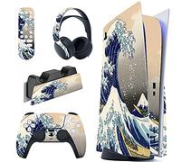 PlayVital Autocollant Protection pour ps5 Manette,Sticker Skin pour ps5 Habillages Console Standard & Télécommande & Station de Charge & Casque-Grande Vague Double Face