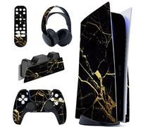 playvital Autocollant Protection pour ps5 Manette,Sticker Skin pour ps5 Habillages Console Standard & Télécommande & Station de Charge & Casque-Marbre Noir&Or
