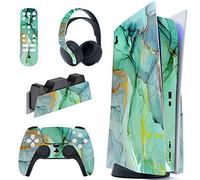 PlayVital Autocollant Skin pour ps5 Manette,Sticker pour ps5 Console Disc Edition & Station de Charge & Casque & Télécommande-Effet marbre Turquoise