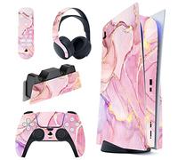 PlayVital Autocollant Skin pour ps5 Manette,Sticker pour ps5 Console Disc Edition & Station de Charge & Casque & Télécommande-Effet marbre Or Rose