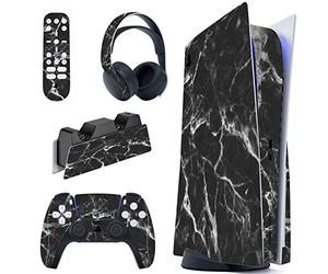 PlayVital Autocollant Skin pour ps5 Manette,Sticker pour ps5 Console Disc Edition & Station de Charge & Casque & Télécommande-Effet Marbre Blanc Noir