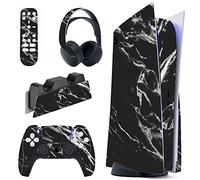 PlayVital Autocollants Skin Decal pour ps5 Manette,Sticker Vinyle Habillages pour ps5 Édition Disque Console&Casque&Station de Charge&Télécommande Média-Marbre Noir Moderne