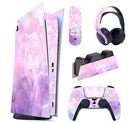 PlayVital Autocollants Skin pour ps5 Manette Sticker Vinyle pour ps5 Digital Console & Station de Charge & Casque & Télécommande Média-Aquarelle Violet Rose