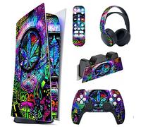 PlayVital Autocollants Skin pour ps5 Manette Sticker Vinyle pour ps5 Digital Console & Station de Charge & Casque & Télécommande Média-Feuille psychédélique