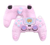 PlayVital Coque Manette pour ps5 Housse Protection Silicone avec Capuchon Joystick & Autocollant pour ps5 Compatible avec Station de Charge,Cover Skin Anti-Grip/Anti-Choc,Rose Coton Bonbon-Petit Panda