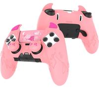 PlayVital Coque pour ps5 Edge Grip Manette avec Protection Joystick pour ps5 Edge Controller Accessoires & Autocollant Pavé Tactile,Housse Silicone Antidérapant Cover Skin-Rose,Démon Mignon