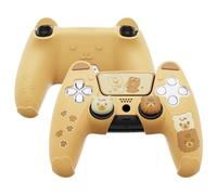 PlayVital Coque pour ps5 Manette Housse Silicone Protection avec Capuchon pour ps5 et Autocollant Sticker Accessoire Protège Compatible Station de Charge,Ours Design-Jaune & Brun