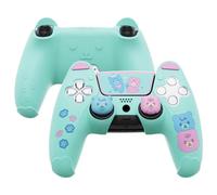 playvital Coque pour ps5 Manette Housse Silicone Protection avec Capuchon pour ps5 et Autocollant Sticker Accessoire Protège Compatible Station de Charge,Ours Design-Vert & Rose