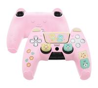 playvital Coque pour ps5 Manette Housse Silicone Protection avec Capuchon pour ps5 et Autocollant Sticker Accessoire Protège Compatible Station de Charge,Ours Design-Rose & Jaune