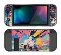 PlayVital Coque pour Switch avec Grip Manette pour Nintendo Switch & Capuchons de Bouton,Étui Housse de Protection TPU pour Joycon Cover-Lapin Pop en Fleurs