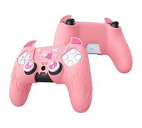 PlayVital Protection Manette pour ps5 Coque Housse Silicone avec Capuchon pour ps5 Joystick Grip et Sticker Pavé Tactile,Cover Skin Compatible avec Station de Charge,Cute Demon-Rose
