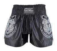 Playwell Short de combat de compétition Muay Thai Twin Tiger Satin Sak Yant - Noir/blanc, Noir , L
