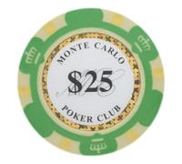 Playzaic Monte Carlo Premium Lot de 50 jetons de poker en argile lourde de 13,5 g avec dénominations pour Texas Holdem, Blackjack - Accessoires de jeux de paris (25 $ vert)