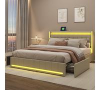 Plcnn Lit capitonné, 140 x 200 cm, avec 4 tiroirs de rangement, lit double avec LED et fonction de charge USB/type C, lit coffre de rangement avec sommier à lattes, cadre de lit, lin, beige, sans