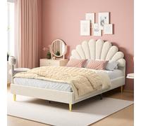 Plcnn Lit double rembourré, 140 x 200 cm, pour fille, avec tête de lit réglable, en forme de fleur, avec sommier à lattes, tissu velours, beige