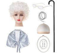 PLCPDM Accessoire de cosplay pour grand-mère avec châle, lunettes, collier, boucles d'oreilles, vieille dame malade, jeu de rôle pour enfant