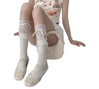 PLCPDM Étudiant Japonais Féminin Élégant Sur Les Chaussettes De Veau En Dentelle Épissée De Ruban Doux Bowknot Stretch Knee Longueur Hosiery Balletcore Jambe Forme