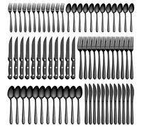 Pleafind Couverts de Table 12 personnes, 72 Pièces Couvert Noir, Set de couverts en acier inoxydable avec couteau à steak, compris fourchettes, cuillères, couteaux, résistant au lave-vaisselle